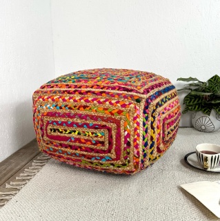 Large, colourful and hard wearing chindi cotton and braided jute square pouffe, ottoman, footrest, low seat